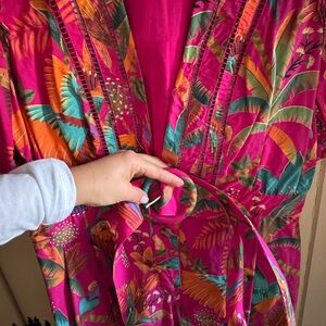 Farm Rio ruffled shoulder short romper, like new, print is macaw party